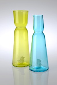 Glass. Vase: 32cm x 11 cm. Jug: 29 cm x 10 cm. Available in Blue, Lime, and Saffron.